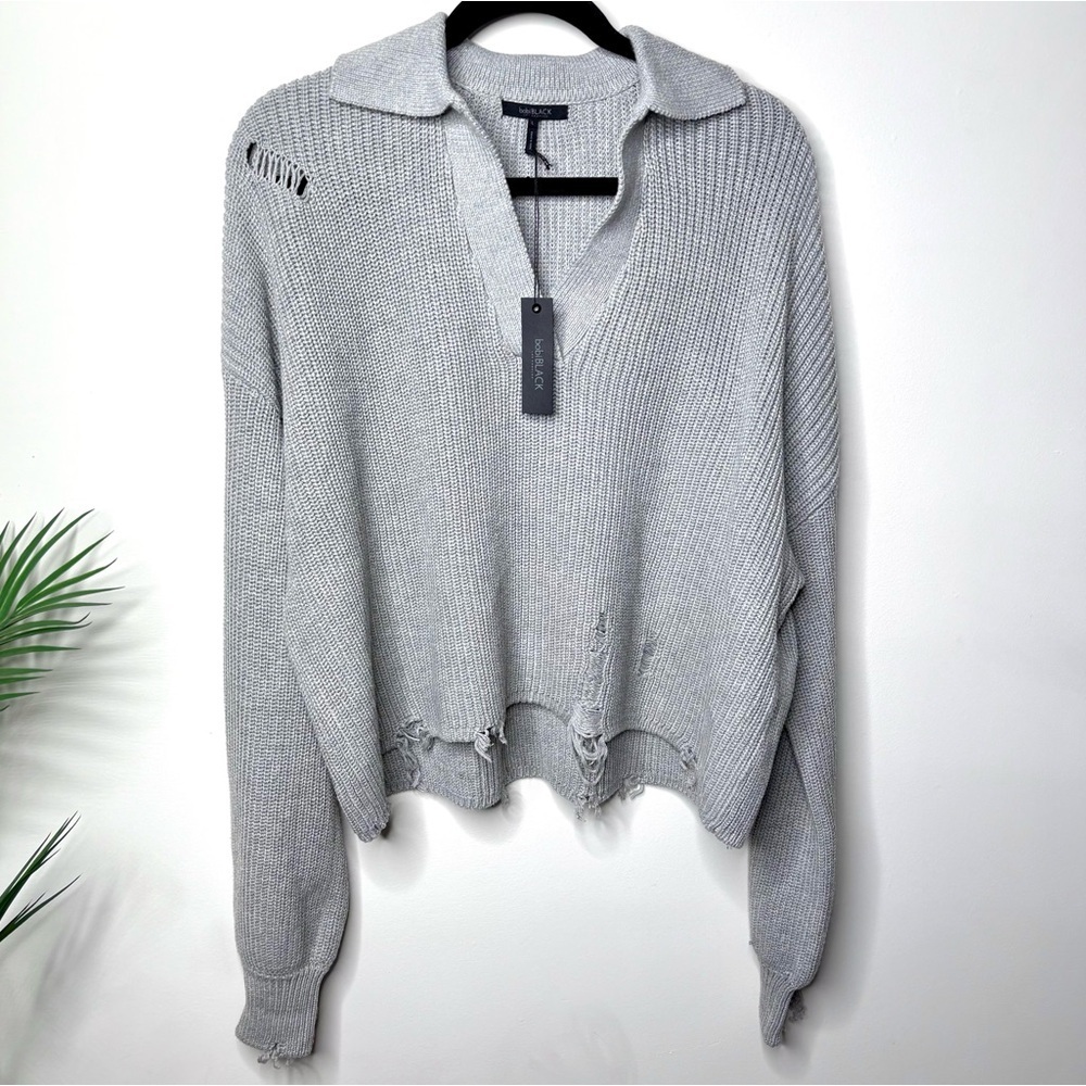 Bobi Black Women’s Cotton Distressed Sweater Collar Oversized Gray Revolve